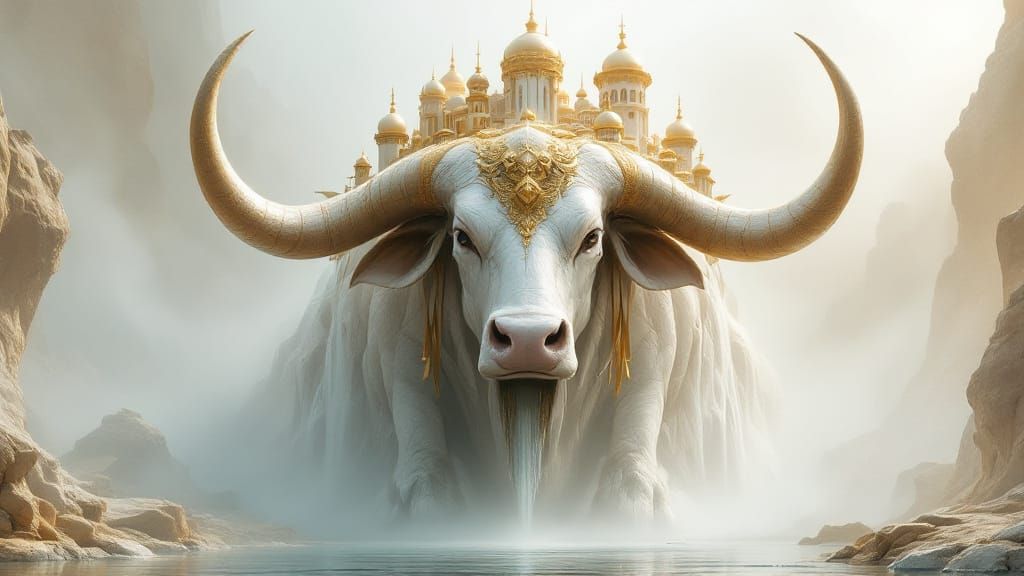Colossal White and Gold Bull City on Horns