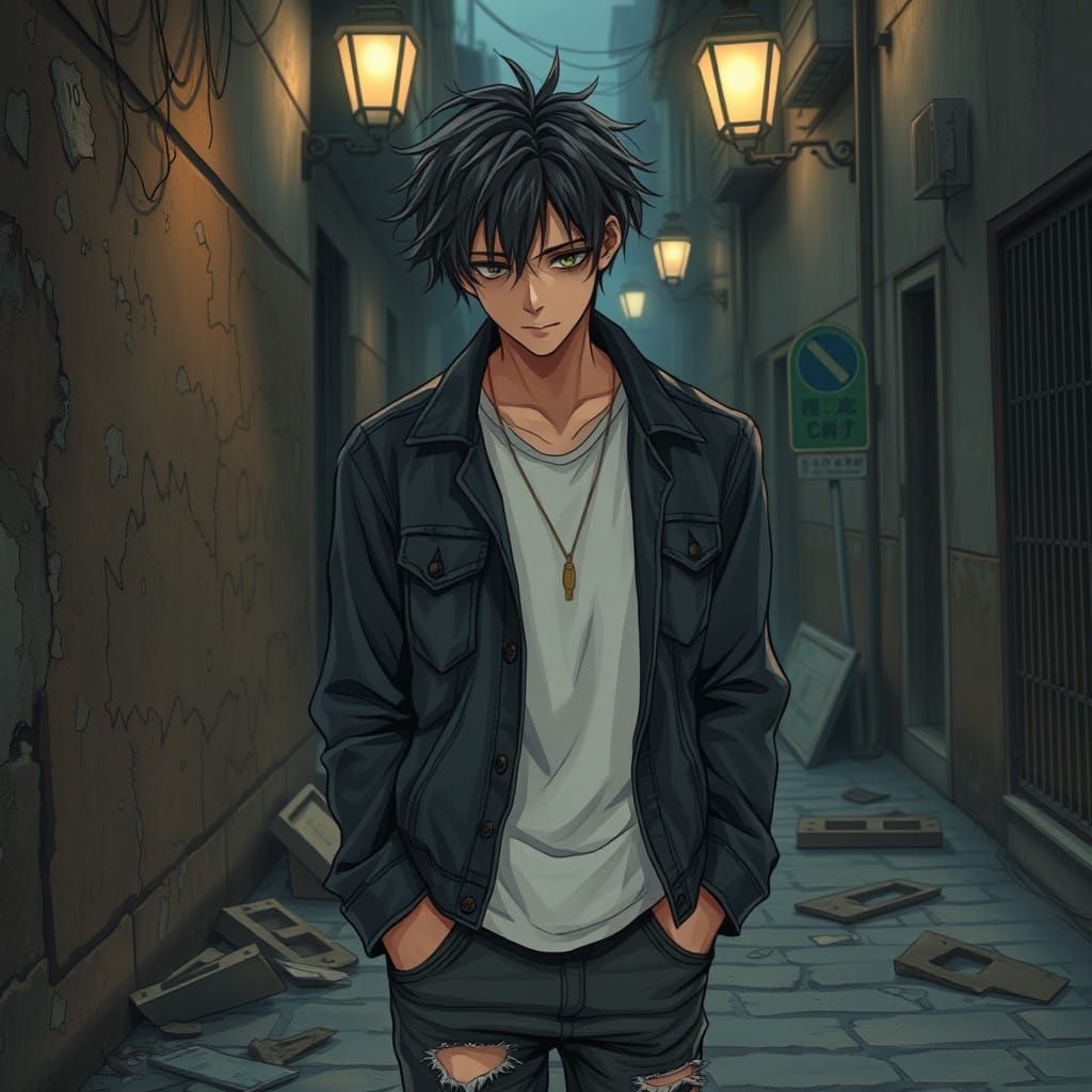 Brooding Young Man in Dark City Alleyway