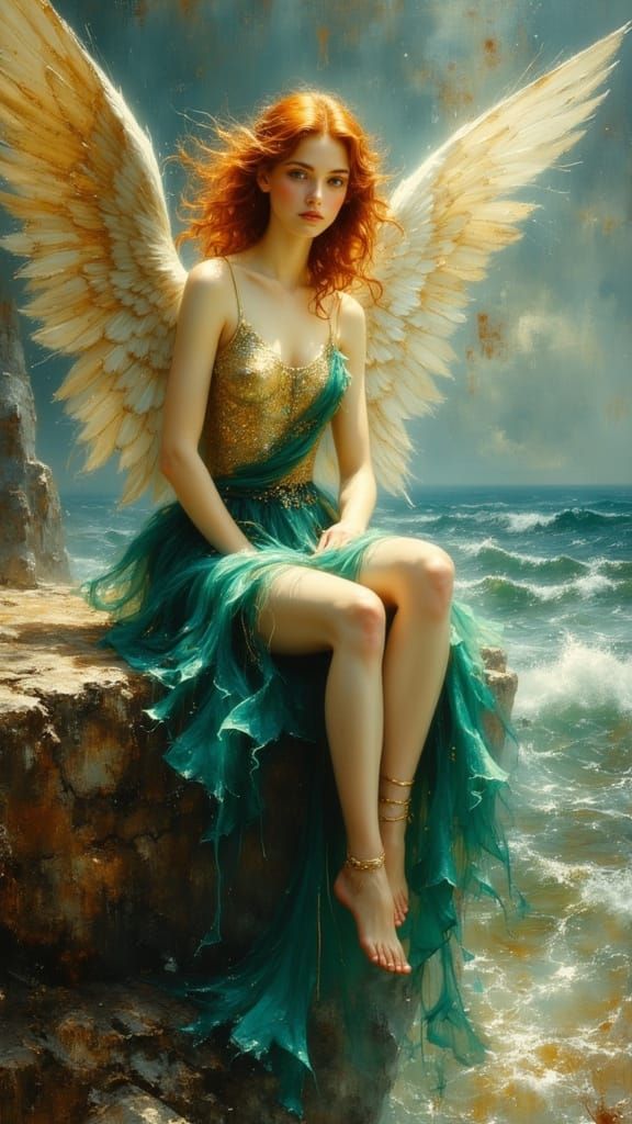 Angel in a Stormy Sea, in Pre Raphaelite Oil Painting Style