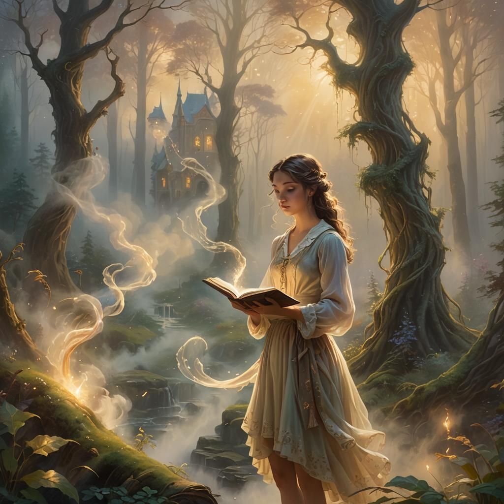 Ethereal Woman in Mystical Forest, Oil Painting