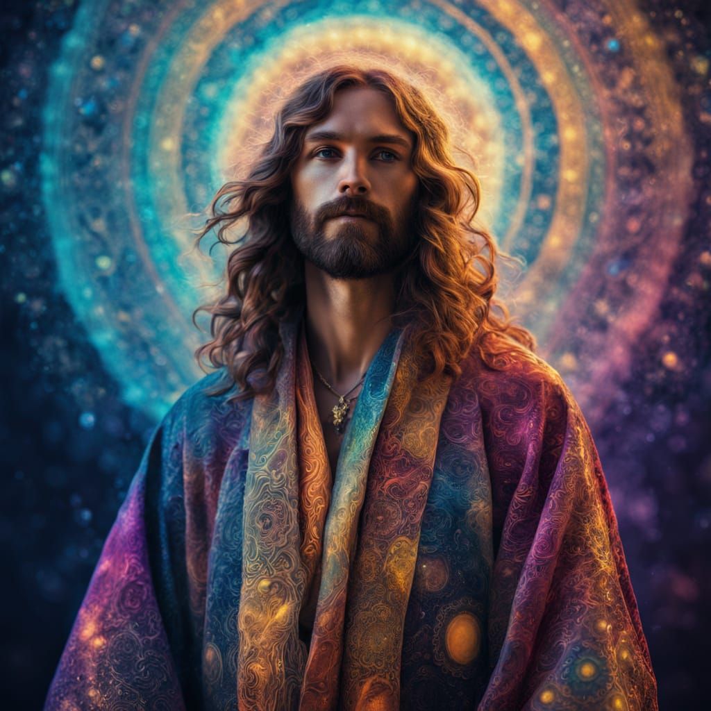 Surreal Cosmic Vision of a Hippie Holding the Ruby Root