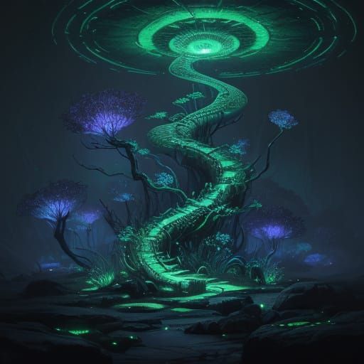 Bioluminescent Snake Coils in Sci-Fi Forest