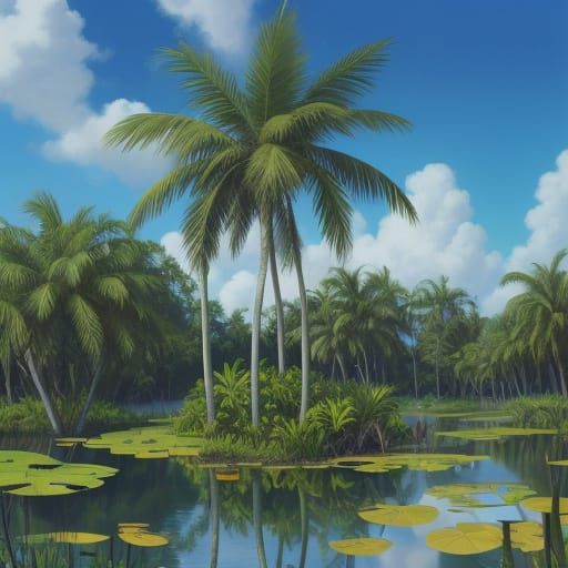 Hadrosaurs at Pond's Edge: A Lush Oil Painting