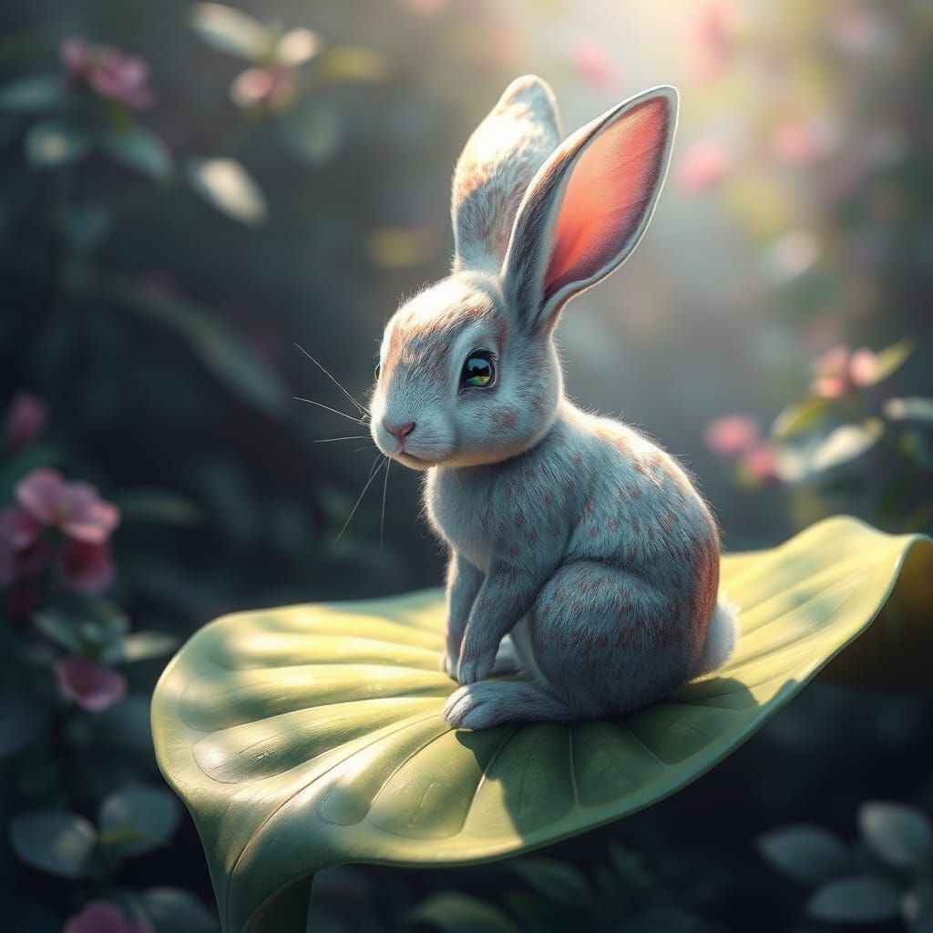 Whimsical Rabbit on Leaf in Digital Art Style