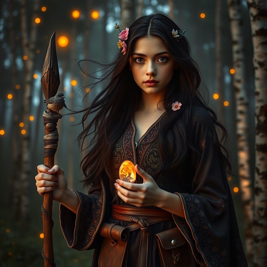 Enchanted Forest Maiden Under Twinkling Birches