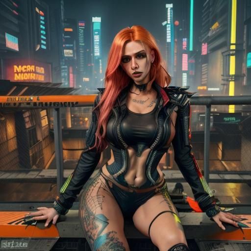 <lora:pretty woman:1.0> Cyberpunk girl with long neon orange...