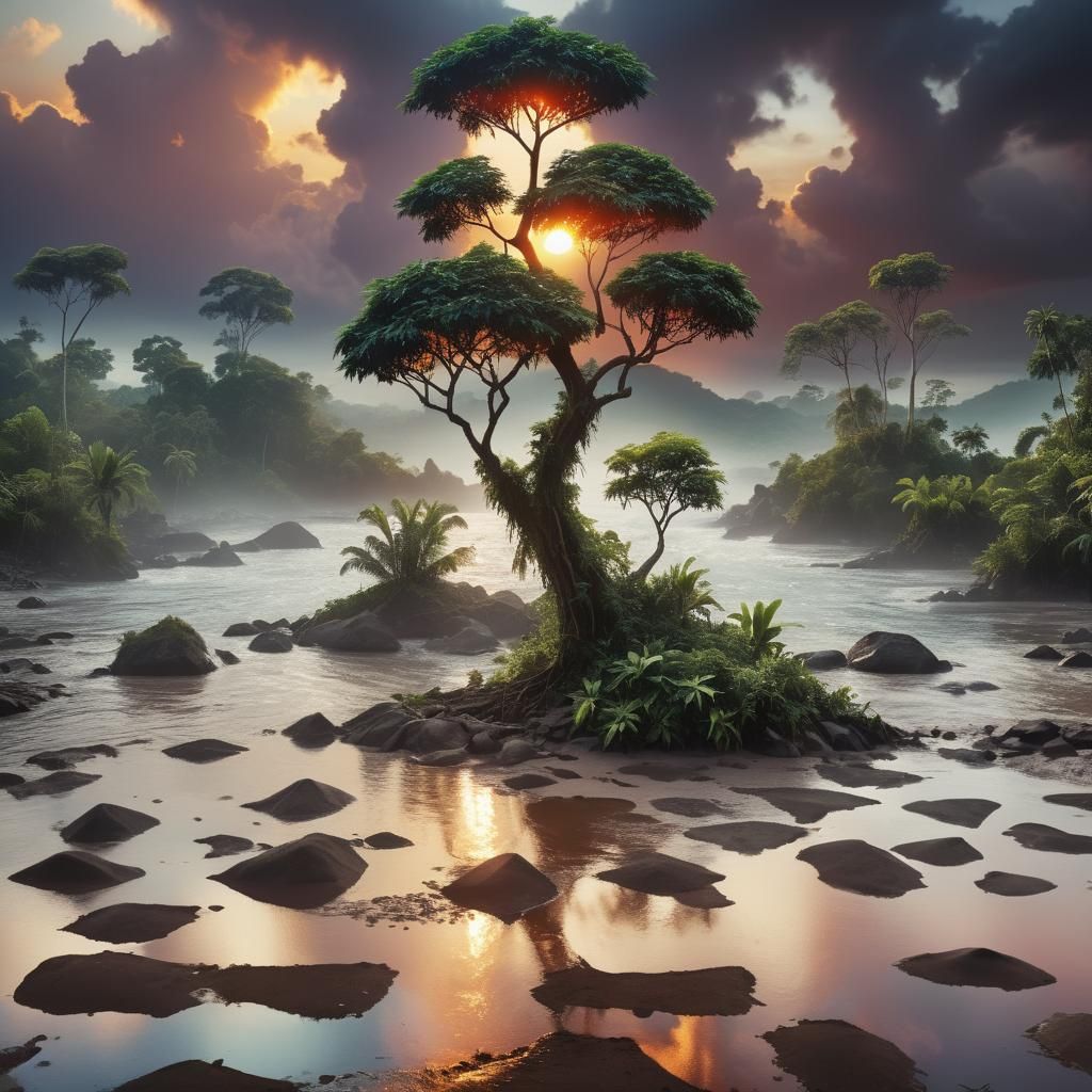 Vibrant Tropical Jungle Sunset in HDR