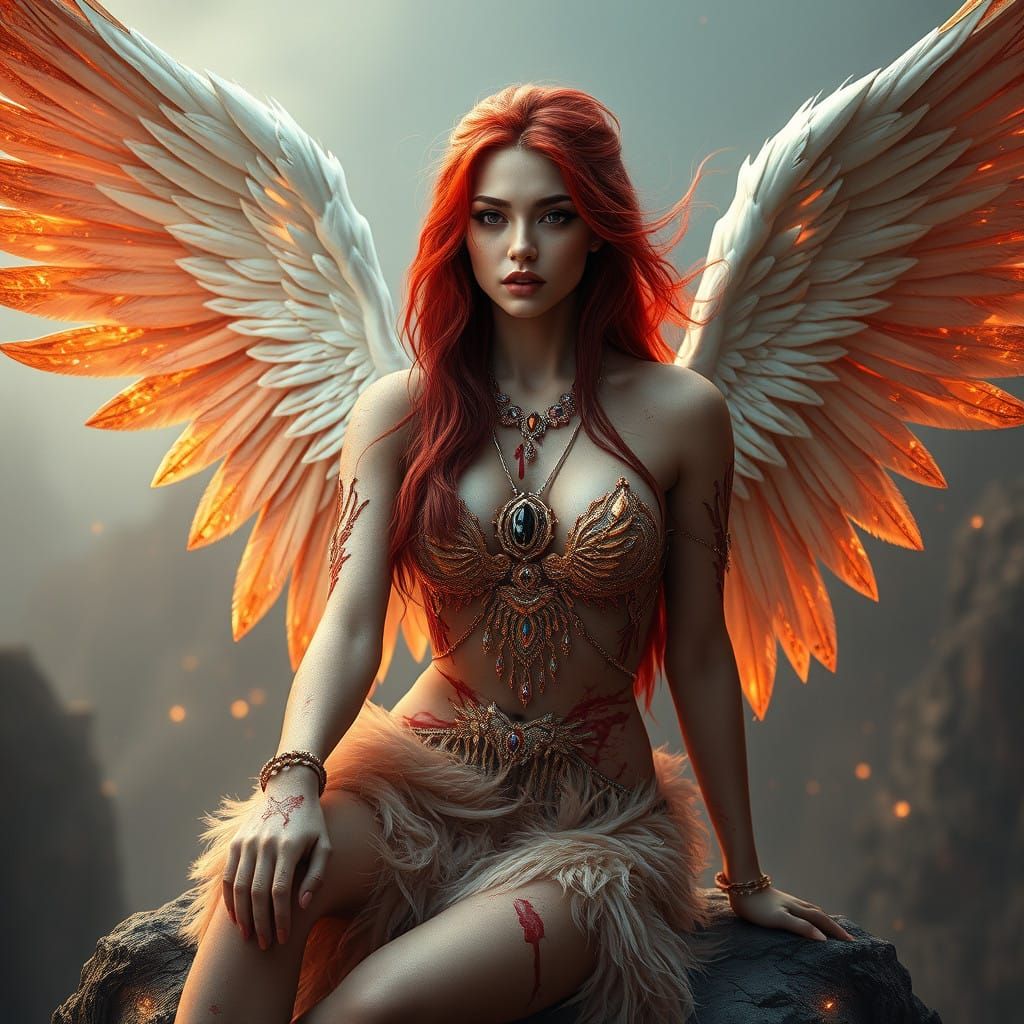 Gothic Angel with Bloody Tears and Wings in Golden Crystal G...