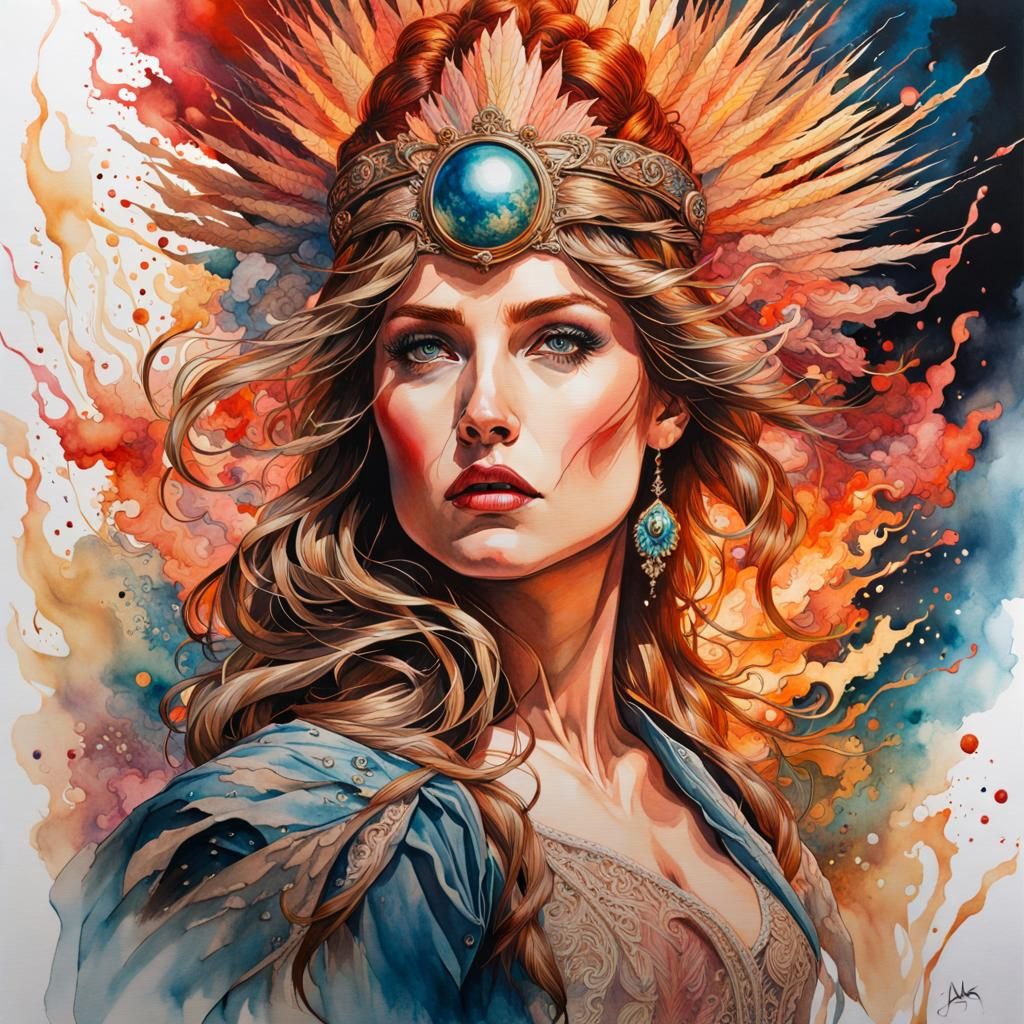 Wrathful Woman: Art Nouveau Watercolor Portrait