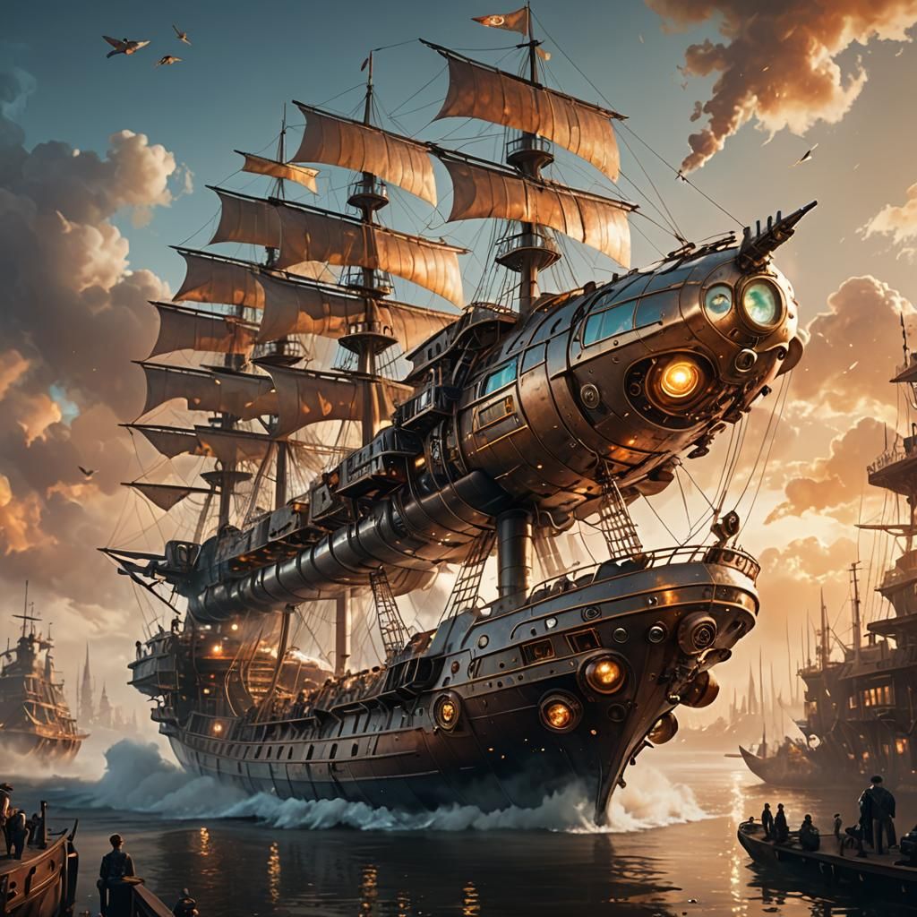 Steampunk Ship with Holographic Sails and Clockwork Details