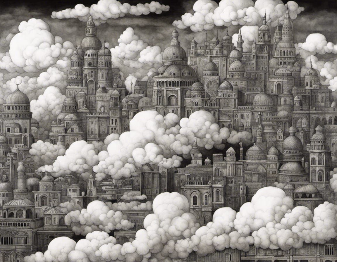 Ancient City in Clouds: Baroque Art Brut Illustration