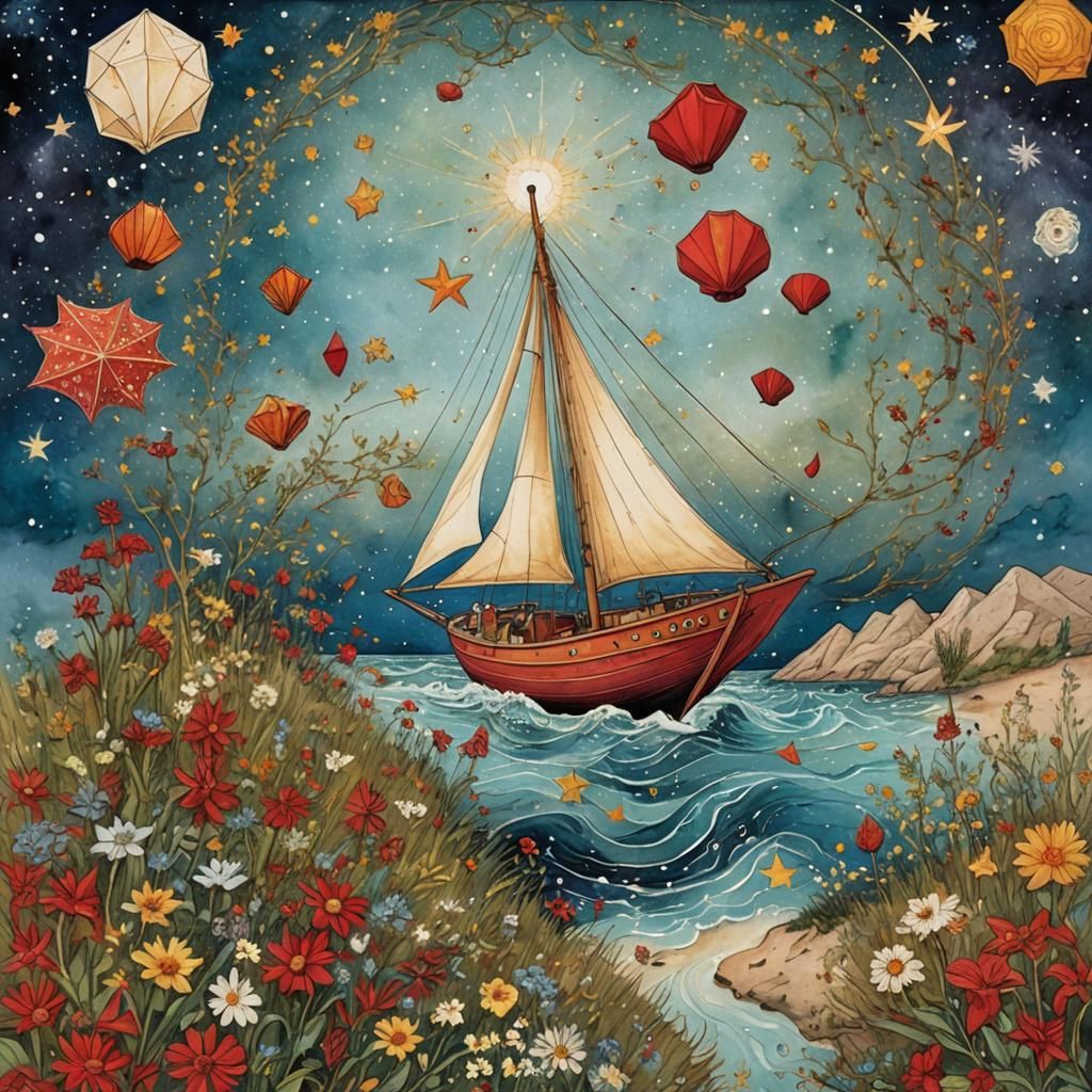 Boy Sailing Sky-Boat in Surreal Folk Art Style