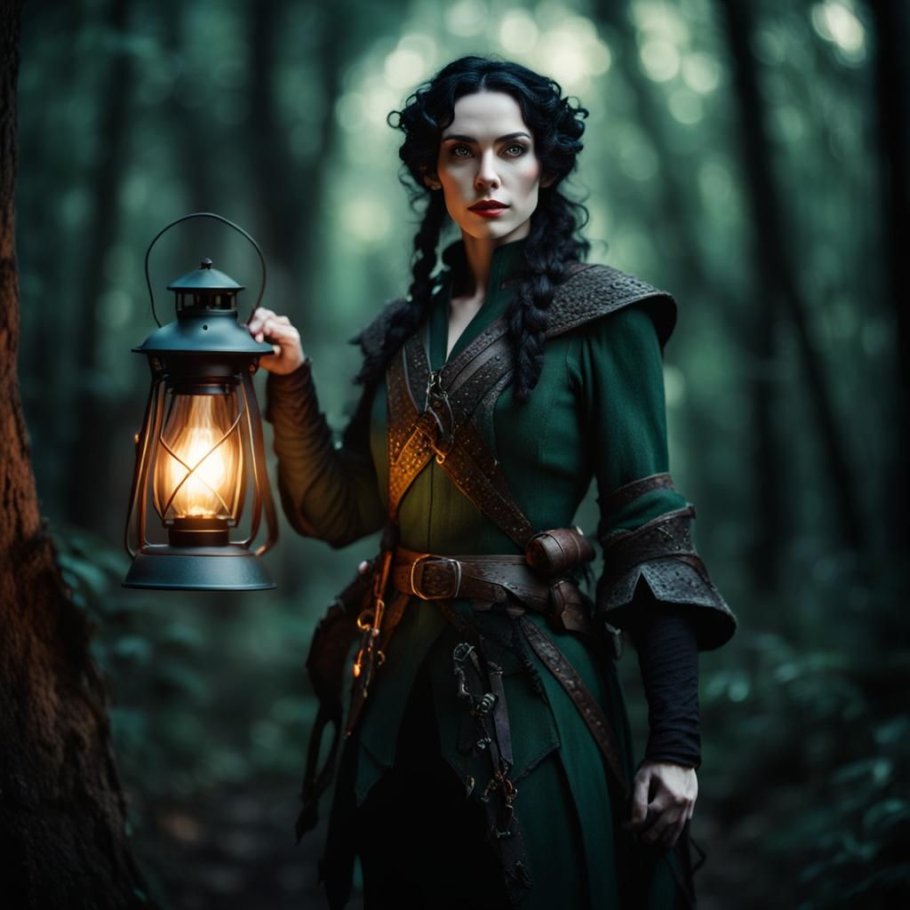 Female Elf Rogue in Dark Woods with Lantern