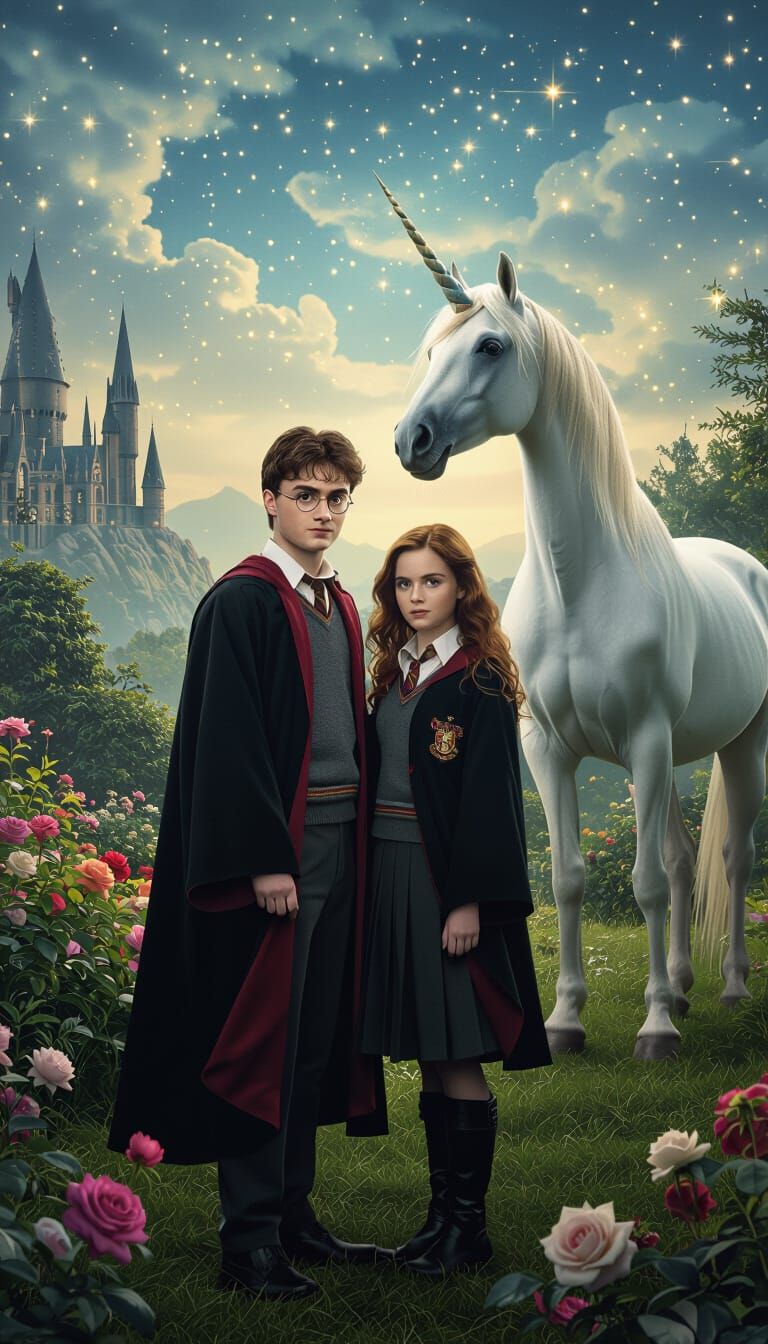 Harry Potter and Ginny with Unicorn, Surrealist Melting Canv...