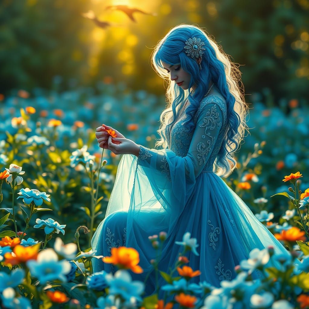 Ethereal Blue-Haired Witch in Dreamy Art Nouveau Style