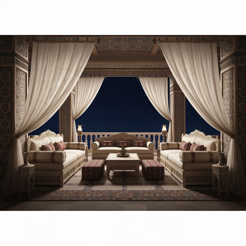 Ornate Assyrian Palace Room with Balcony and Stars