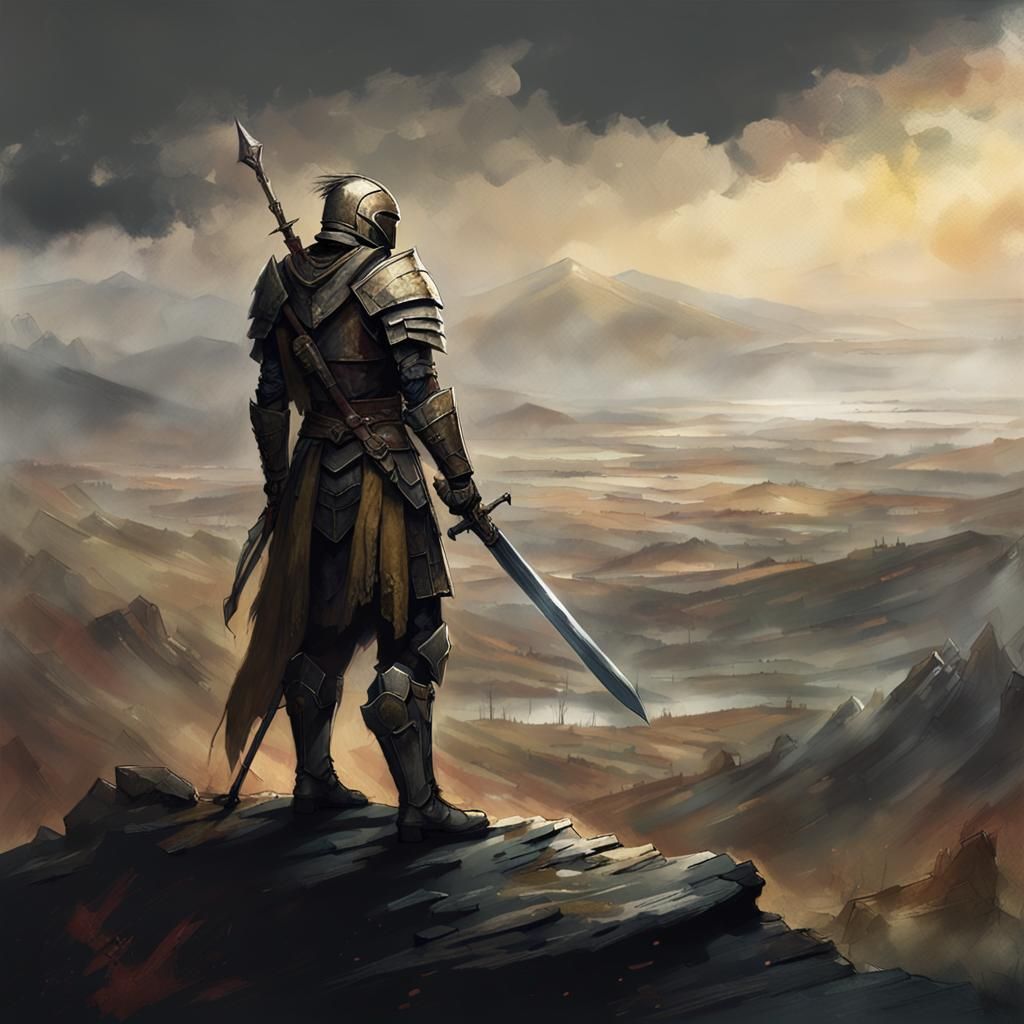 Armored Warrior Overlooking Battle Landscape in Fantasy Art