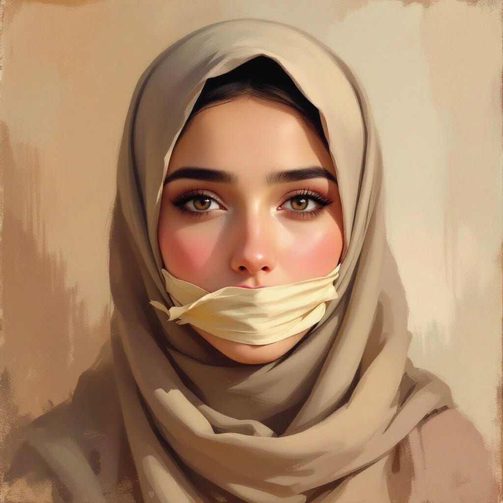 Vulnerable Hijabi Woman in Impressionistic Oil Painting Styl...