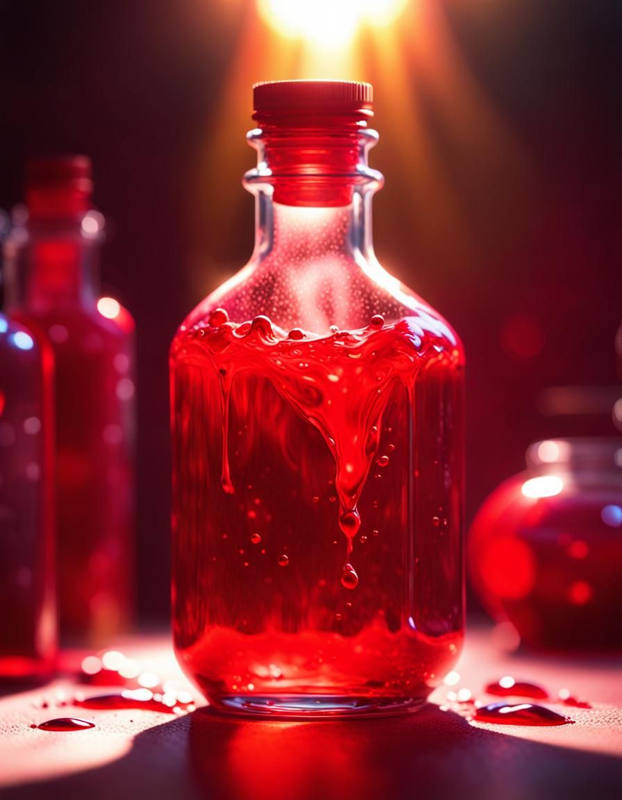 sunlight shining through a red healing potion, 4k photograph...