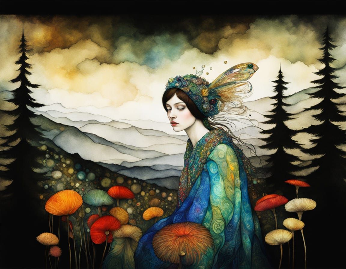 Gustav Klimt-Inspired Night Scene in Iridescent Silk Texture...