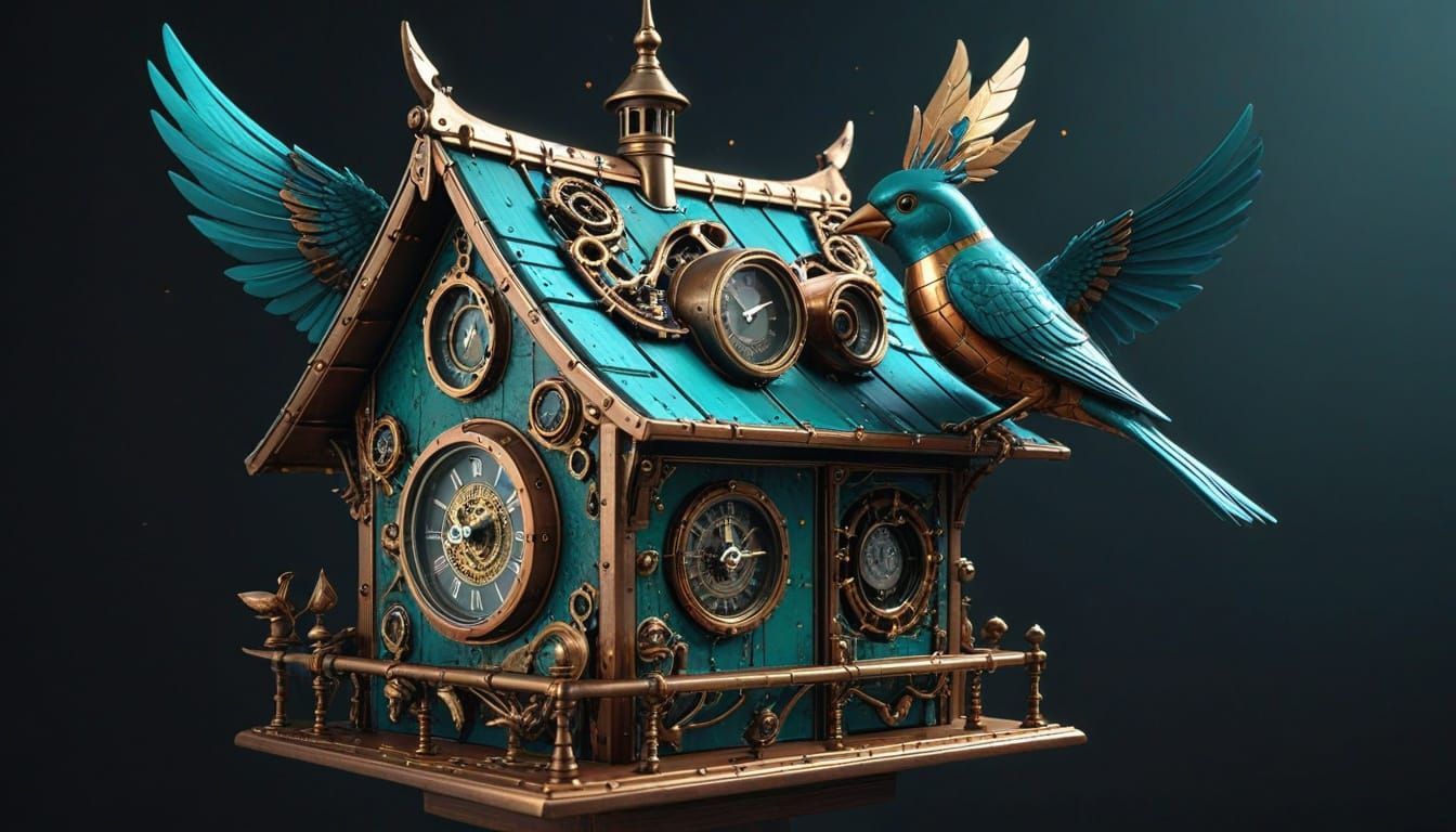 Steampunk Birdhouse Palace with Kissing Birds