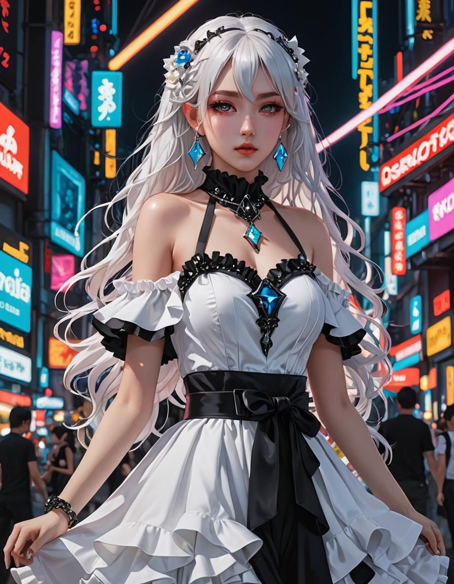 White Gothic Dress in Neon Lights: 3D Anime Art