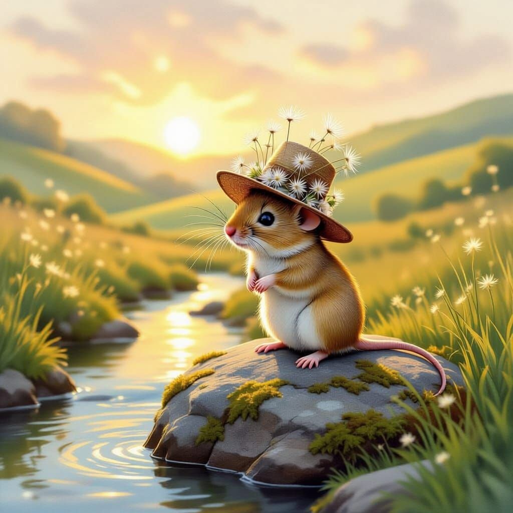 Tiny Mouse in Dandelion Hat with Gossamer Wings