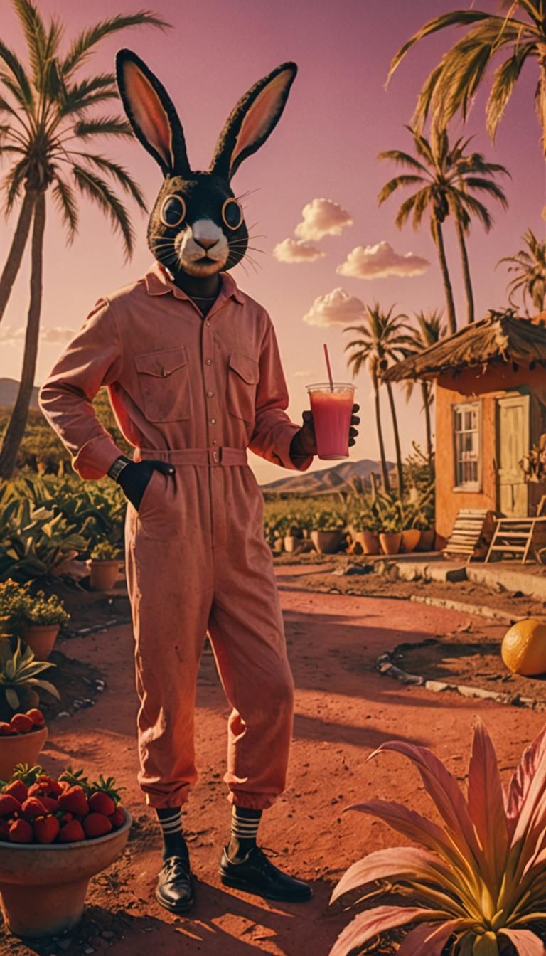 Man in Rabbit Mask in Surreal Landscape, Salvador Dali Style