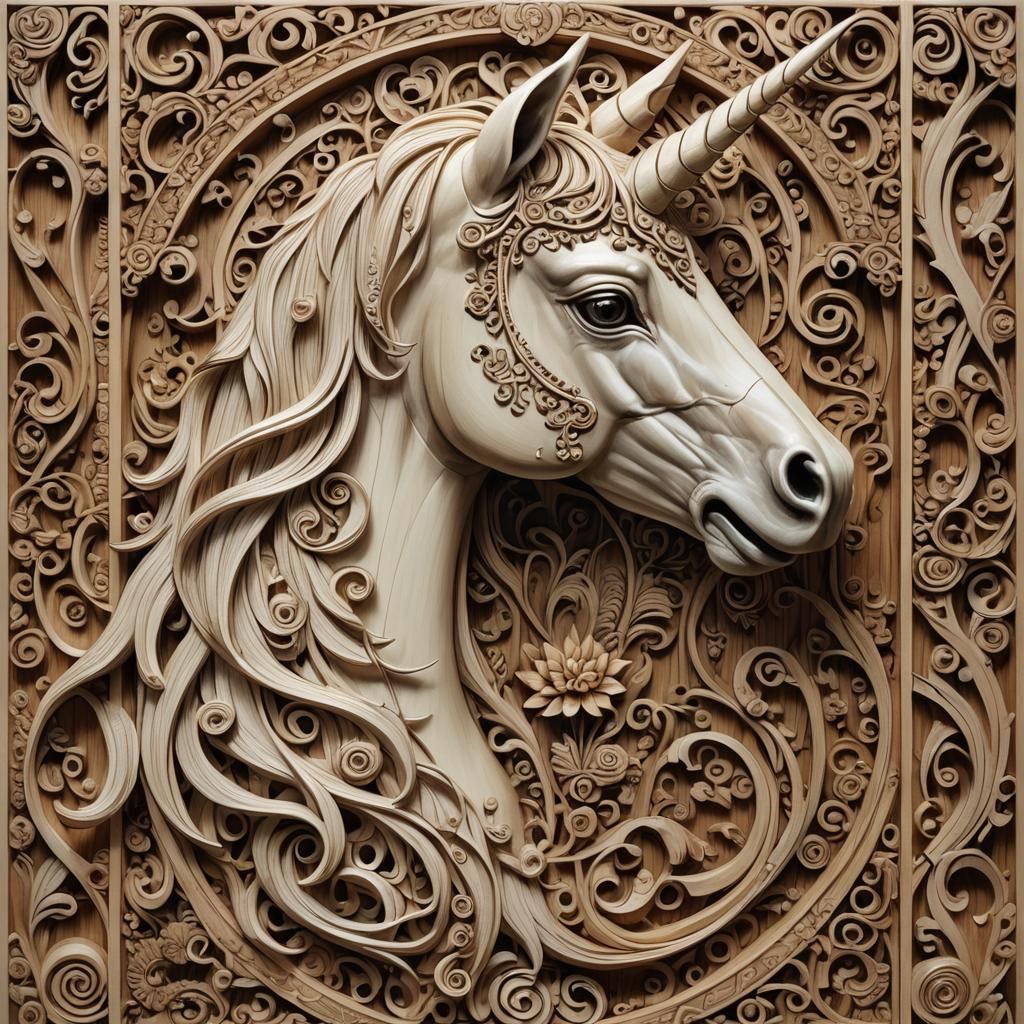 Benjamin Lacombe style carved unicorn