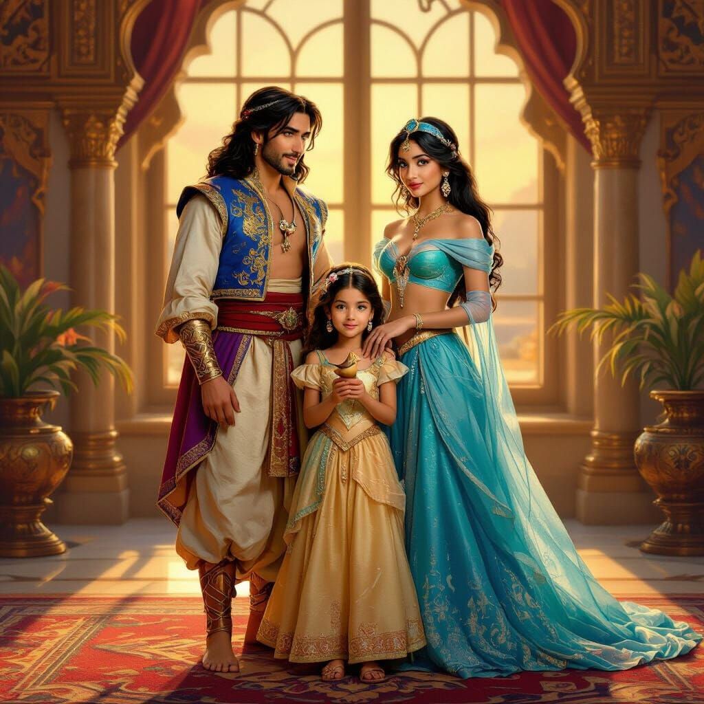 Realist Oil Painting of Aladdin, Jasmine, and Daughter