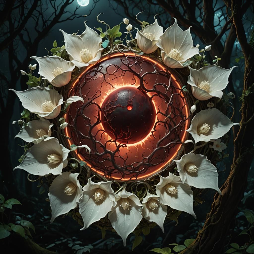 Blood Moon Shines on Bioluminescent Forest Clearing