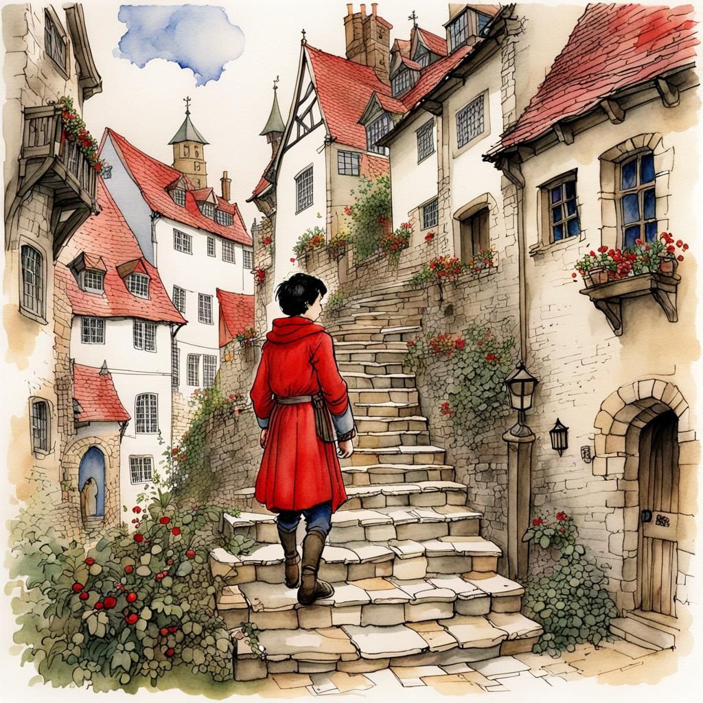 Medieval Boy on Stairs in Storybook Illustration