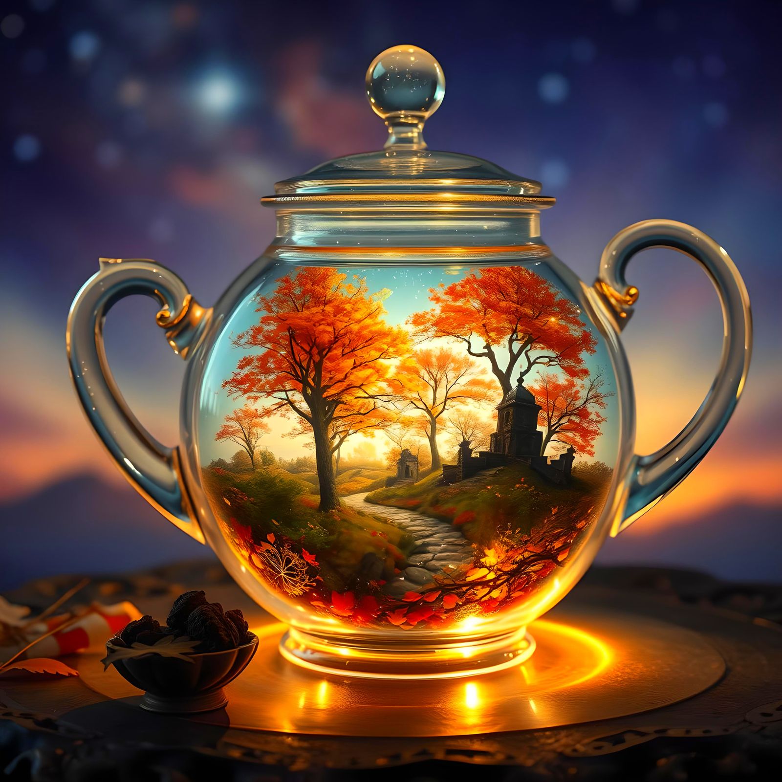 Starlit Autumn Landscape Flowing from Teapot