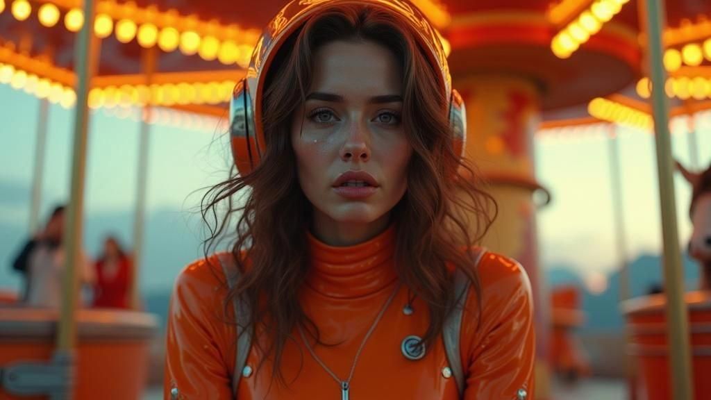 Girl in Spacesuit Crying in Retro-Futuristic Amusement Park