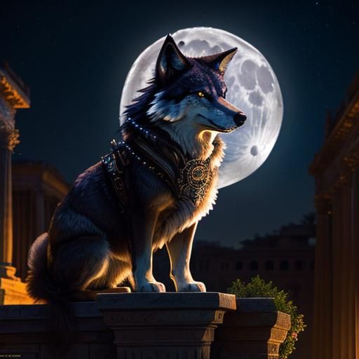 Steampunk Wolf Under Starry Roman Sky