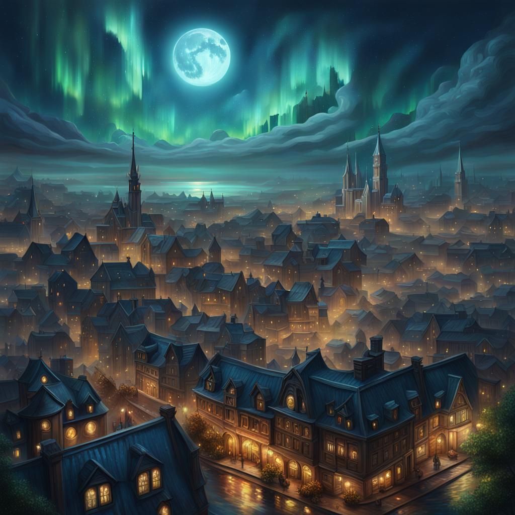 Enchanting City Under Aurora: Ethereal Oil Painting
