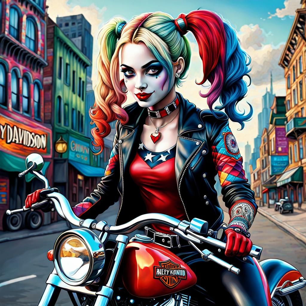 Harley Quinn on Harley Davidson in Zentangle Style