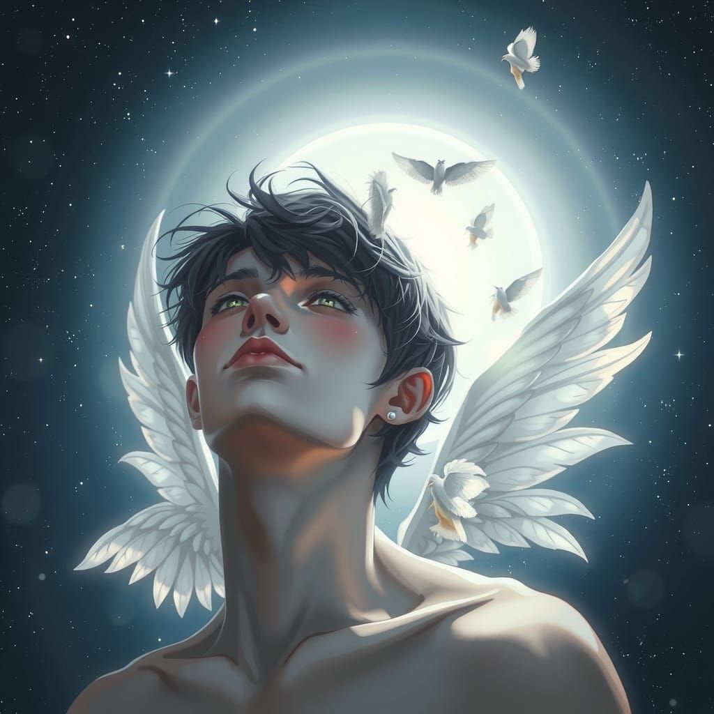 Surreal Bishonen Angel Soars Amidst Starry Night Sky in Ethe...