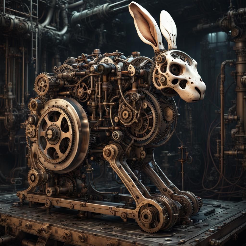 Skeletal Robot Rabbit in Dark Fantasy Style
