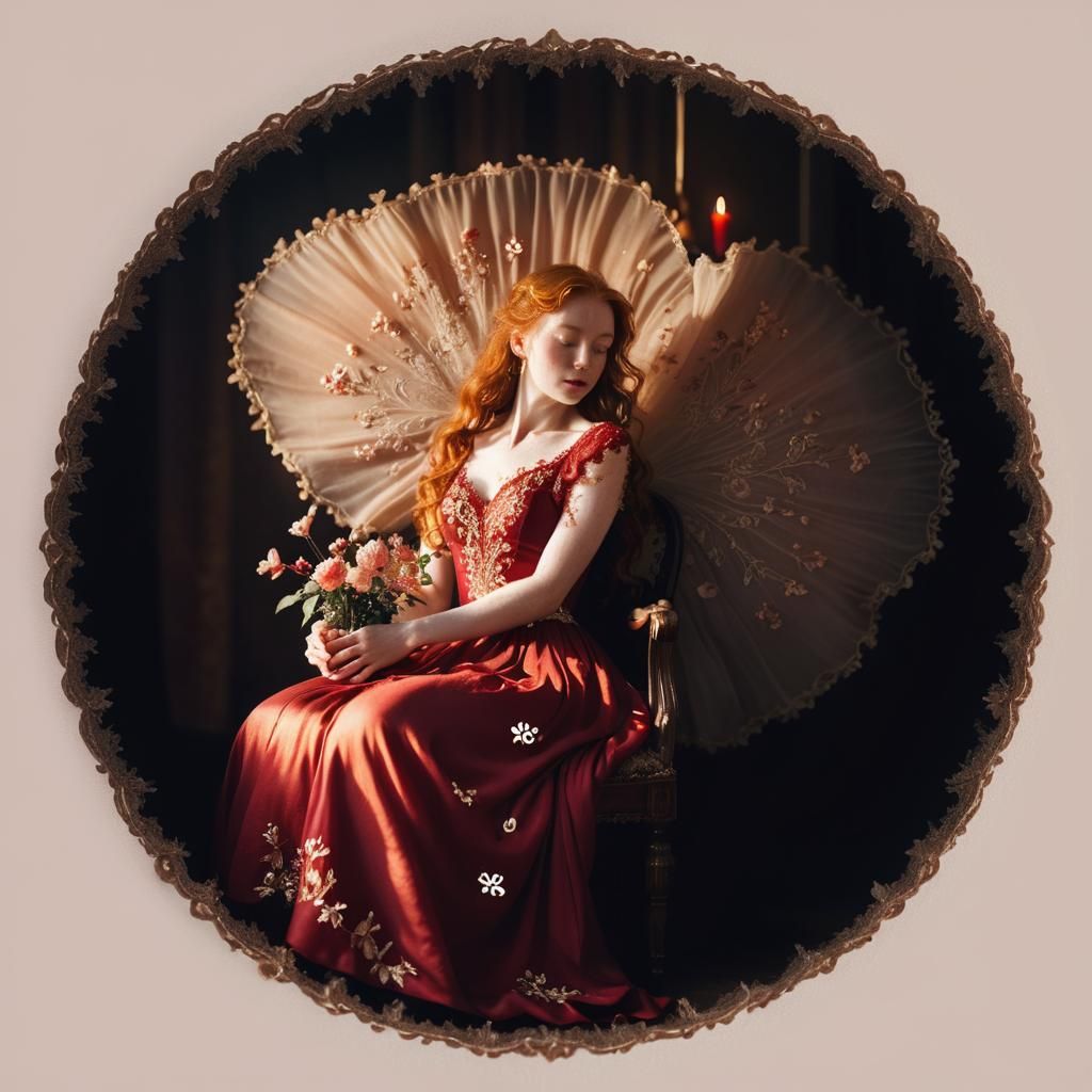Baroque Portrait: Ginger Woman in Crimson Dress