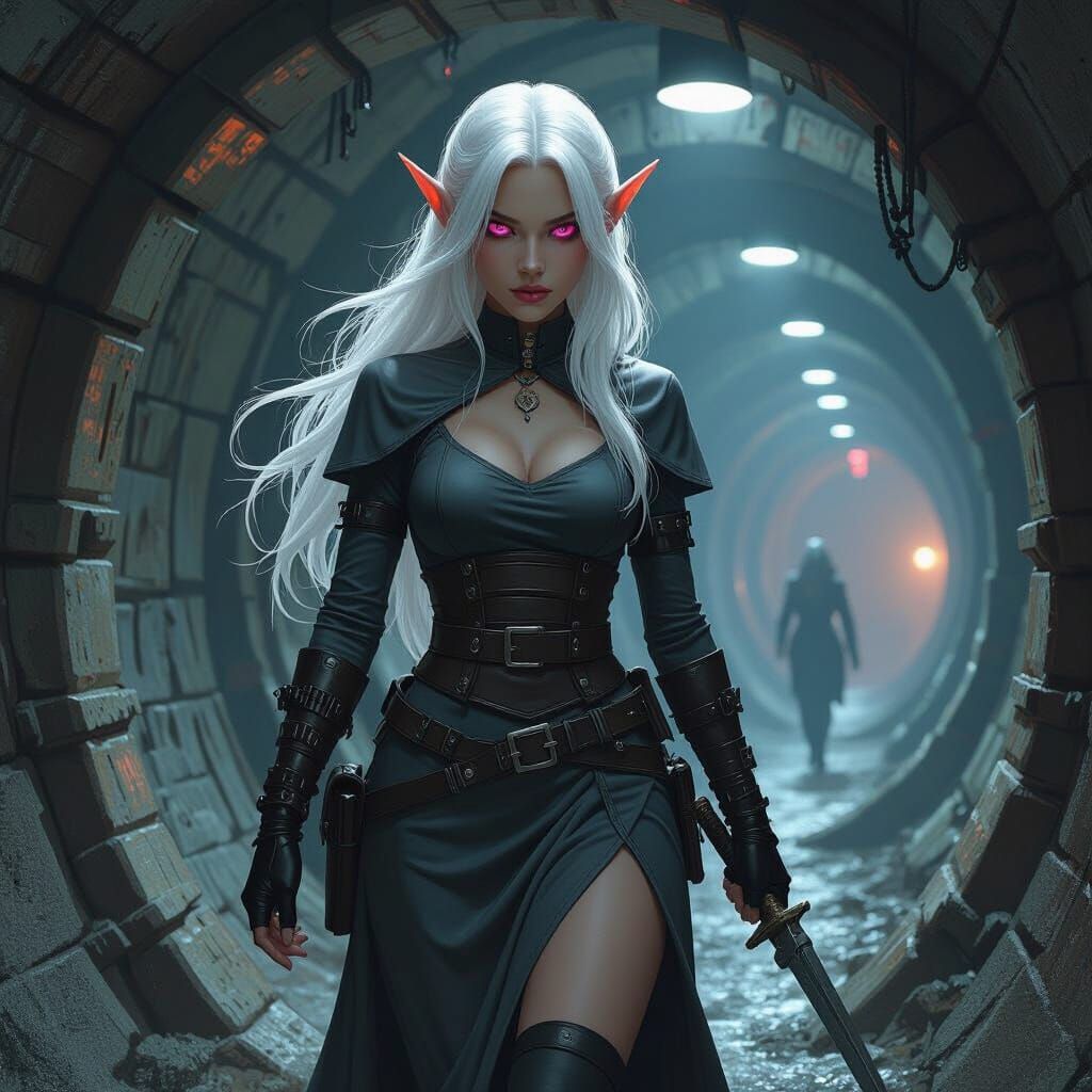 Black Skinned Elf Maiden Navigates Dark Tunnels