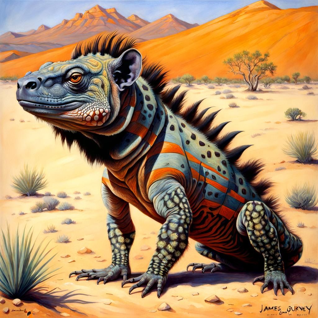 Muscular Hyena-Iguana-Moschops Hybrid in Desert Oil Painting