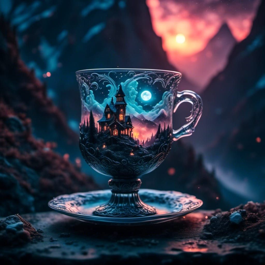 Ghostly Apparitions in Glass Cup: Dark Fantasy Illustration