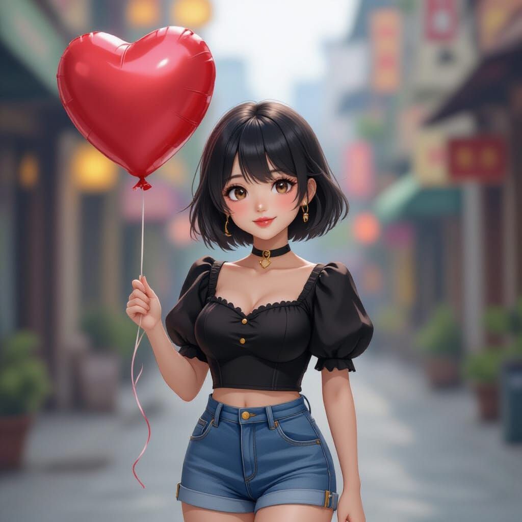 Cute Thai Woman Holding Heart Balloon in Watercolor Style