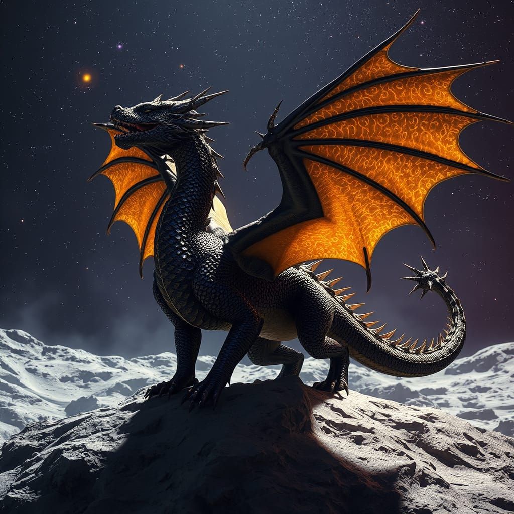 Regal Space Dragon Soars on the Moon's Surface Amidst the St...