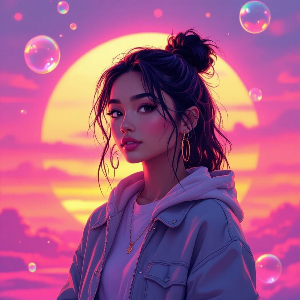 NIYA in Bubbled Neon Sunset Background, Futuristic Dreamy St...
