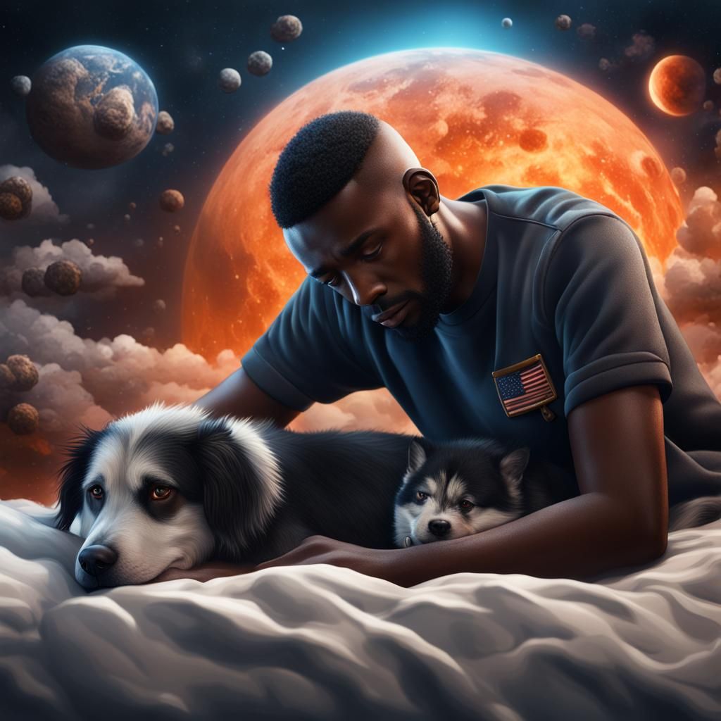 Melancholy Man with Dog on Alien Planet