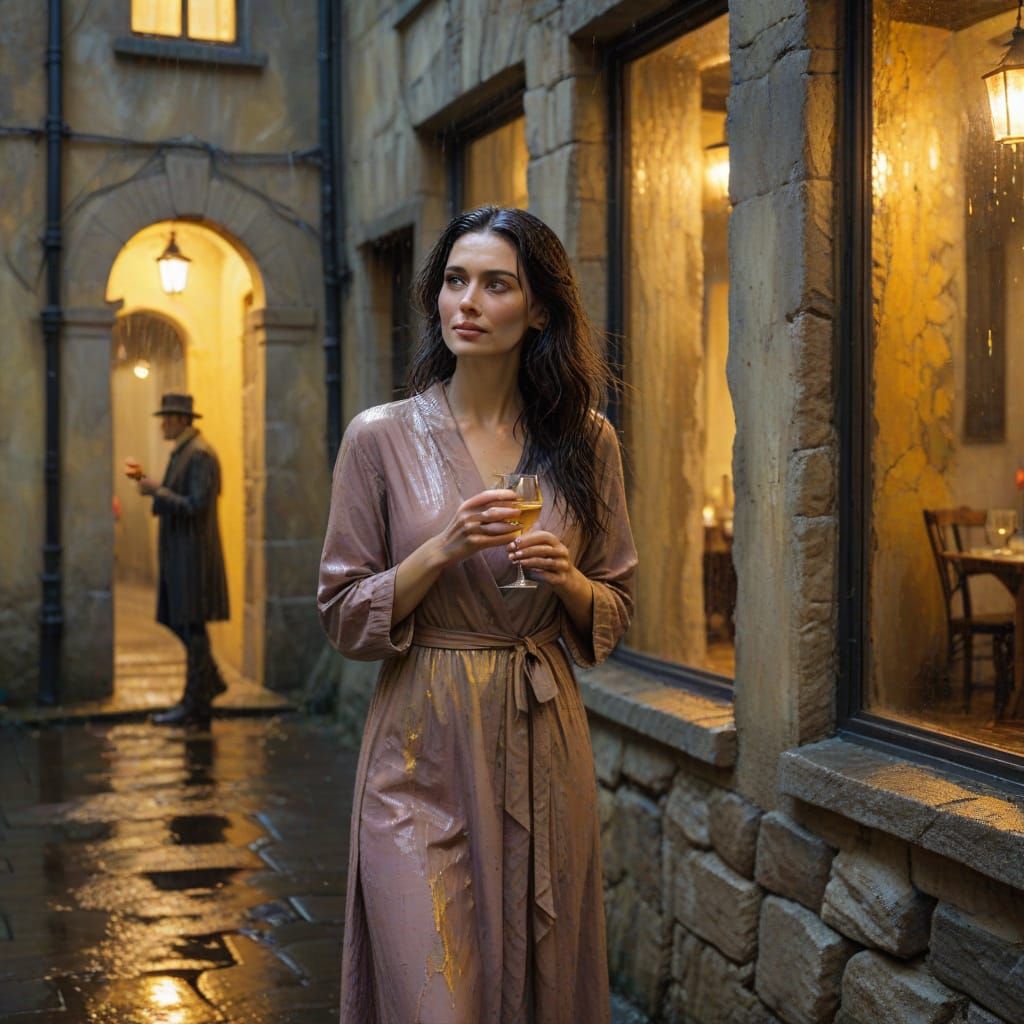 Melancholic Woman in Rain, Impressionist Style