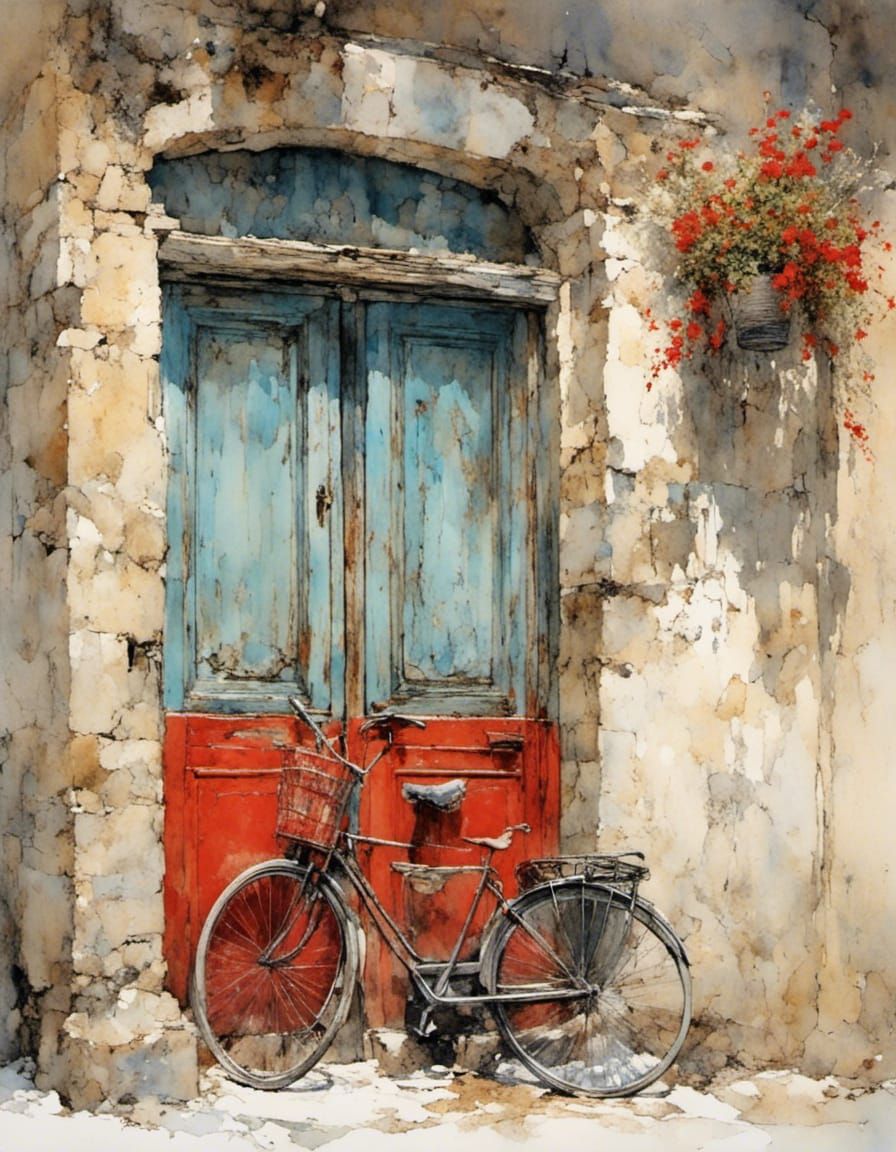 Vintage Red Door and Bicycle on White Background