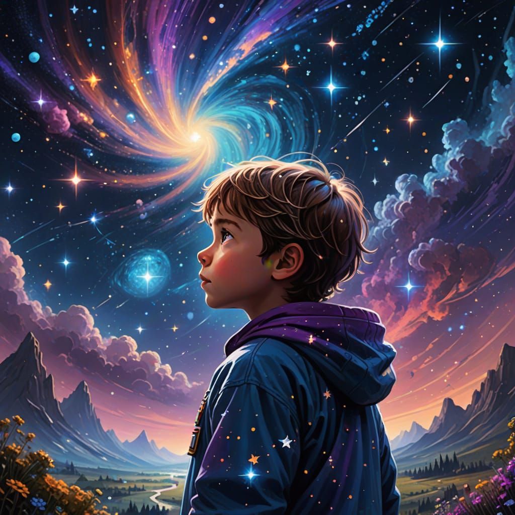 Child Gazes at Starry Night Sky in Cosmic Fantasy Art